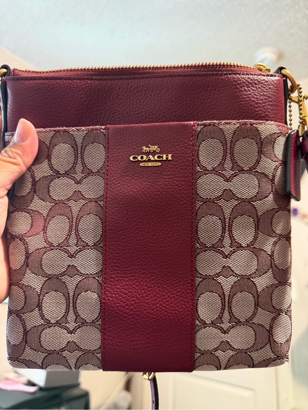 Coach Signature Crossbody with Burgundy Leather Stripe